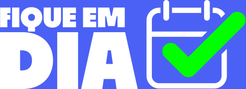 A imagem mostra um fundo azul com a frase em letras grandes e brancas: “FIQUE EM DIA”. Ao lado direito do texto, há o desenho de um calendário branco com um grande tique verde (✔️) sobre ele, simbolizando tarefas concluídas ou compromissos em dia. O conjunto transmite uma ideia de organização, regularização ou atualização de pendências.