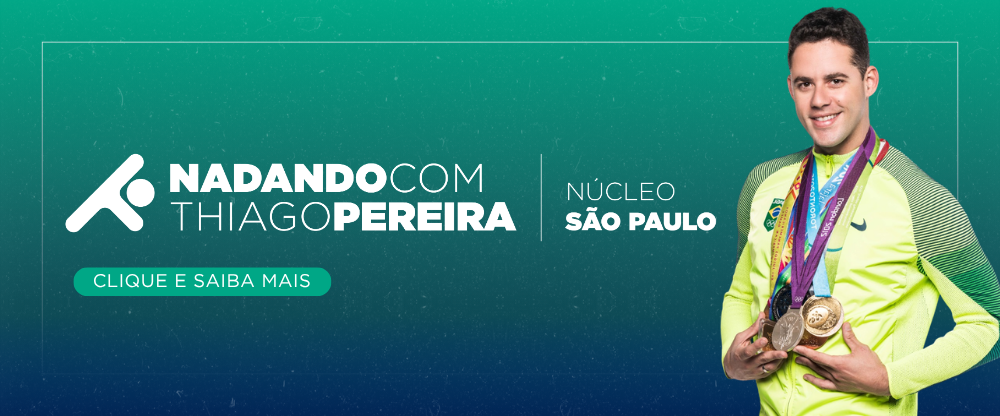 Na imagem, banner do programa Nadando com Thiago Pereira.