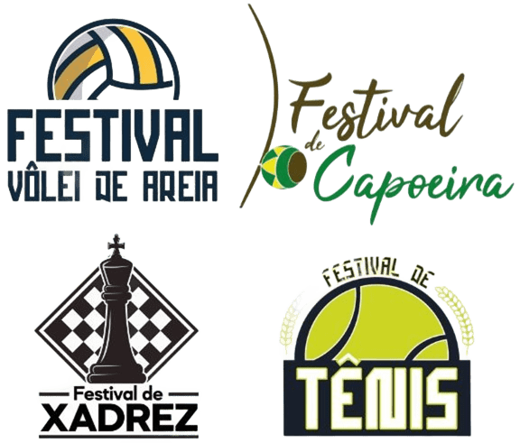 Na imagem, logos dos Festivais de Vôlei de Praia, Capoeira, Xadrez, Tênis, Ginástica Artística.