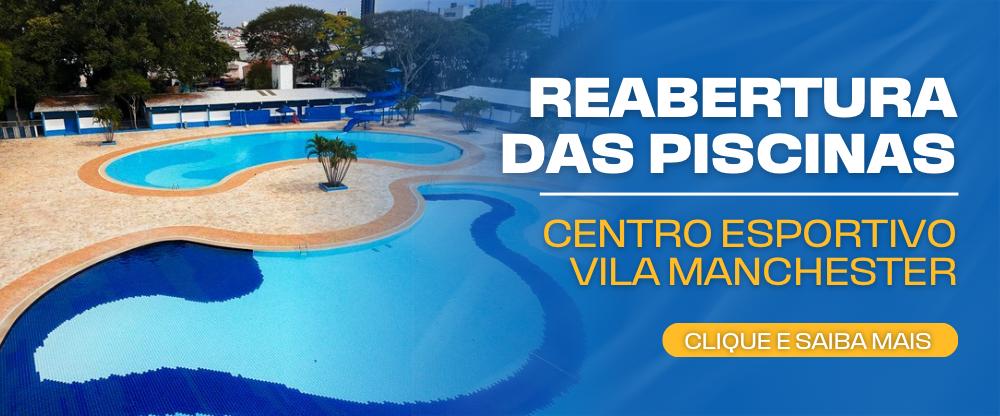 Na imagem, arte de divulgação da reabertura das piscinas do CE Vila Manchester