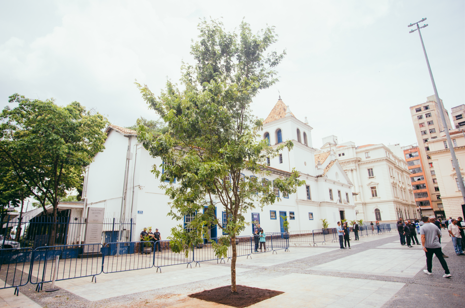 A imagem mostra uma praça ampla e iluminada pela luz do dia, com um céu claro e parcialmente nublado. No centro da cena há uma árvore recém-plantada, com folhas verdes vibrantes e um pequeno círculo de terra marrom escura em seu entorno. O piso da praça combina pedras em tons de cinza claro e faixas de mosaico mais escuro.  Ao fundo, do lado esquerdo, está um prédio histórico de paredes brancas e detalhes em azul, com janelas também azuis. O edifício possui um telhado inclinado de telhas alaranjadas e uma torre pequena com janelas arqueadas. Algumas árvores de copa cheia e verde cercam o prédio, criando contraste com as paredes claras.  À frente desse prédio e ao redor da praça há grades metálicas azul-escuras formando barreiras de organização do espaço. Algumas pessoas estão distribuídas pela cena, caminhando ou conversando; elas vestem roupas em tons neutros como preto, cinza e azul. À direita, aparecem outros prédios de arquitetura antiga em tons creme e bege, com vários andares e janelas alinhadas.  Um poste de iluminação extremamente alto surge no canto direito superior da imagem, reforçando o ambiente urbano. A atmosfera geral é de um espaço público organizado para um evento, com a árvore recém-plantada como elemento central da ação.