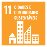 A imagem mostra o ícone da ODS 11 “cidades e comunidades sustentáveis”, representada por um ícone amarelo, com o desenho de prédios e casas brancas.