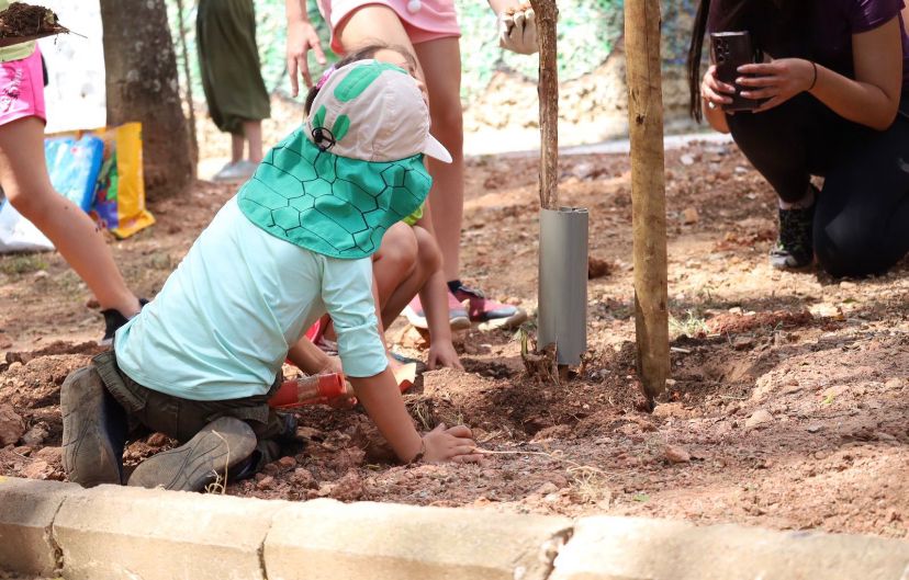 Criança ajoelhada no chão, usando chapéu com proteção para o pescoço, escava a terra com as mãos ao lado de uma muda de árvore. Outras crianças e uma adulta observam e participam da atividade de plantio em um ambiente ao ar livre, com terra e árvores ao redor.