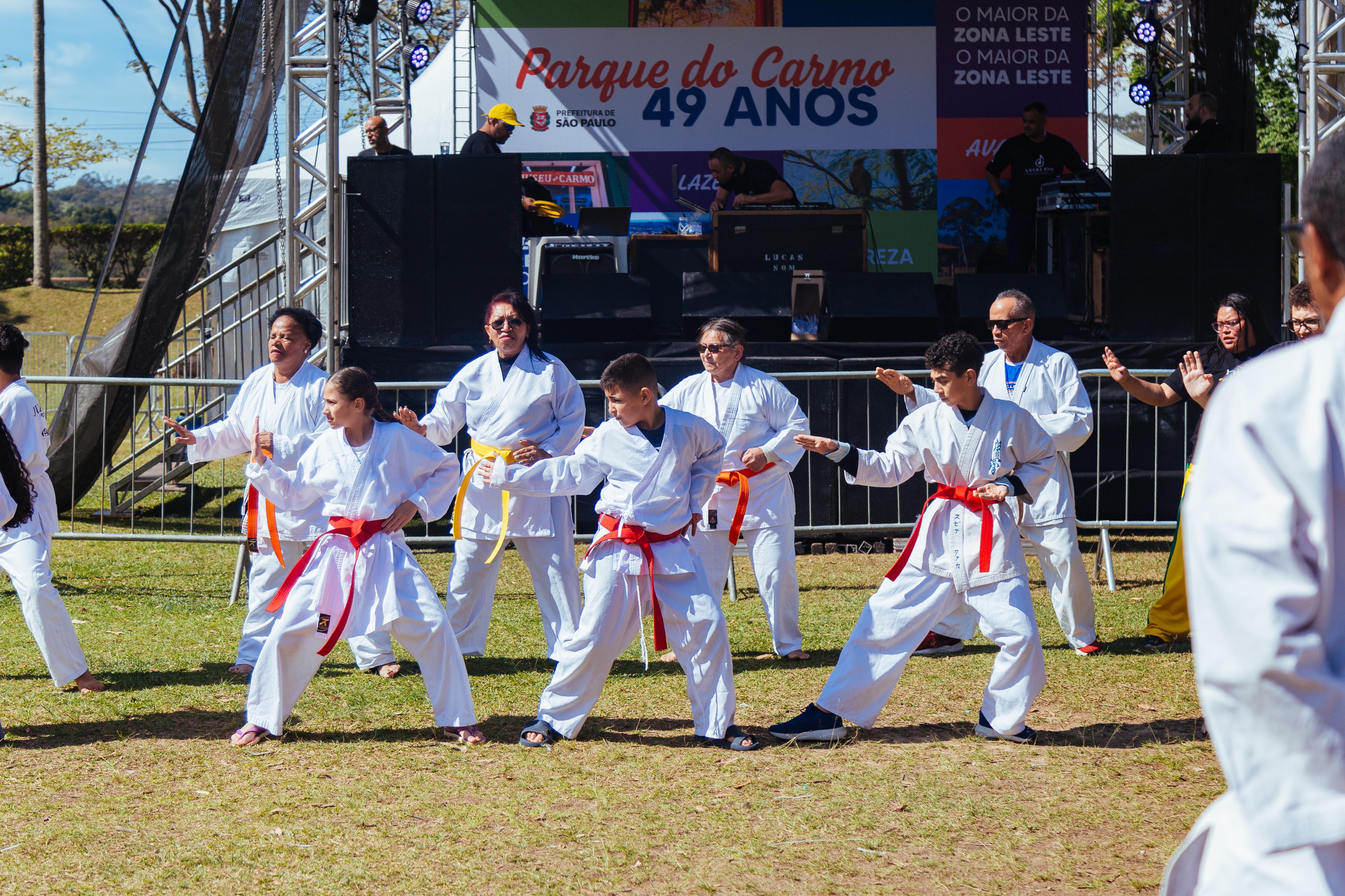 A imagem mostra um grupo de pessoas praticando artes marciais ao ar livre, durante um evento no parque. Elas vestem quimonos brancos com faixas coloridas na cintura — vermelhas, laranjas e amarelas — e estão posicionadas em diferentes posturas de luta sobre a grama verde. Ao fundo, há um palco com estrutura metálica prateada, caixas de som pretas e um grande painel colorido em tons de verde, azul, laranja e roxo com a frase “Parque do Carmo 49 anos” em letras azuis e vermelhas. O céu está azul claro e o dia parece ensolarado.