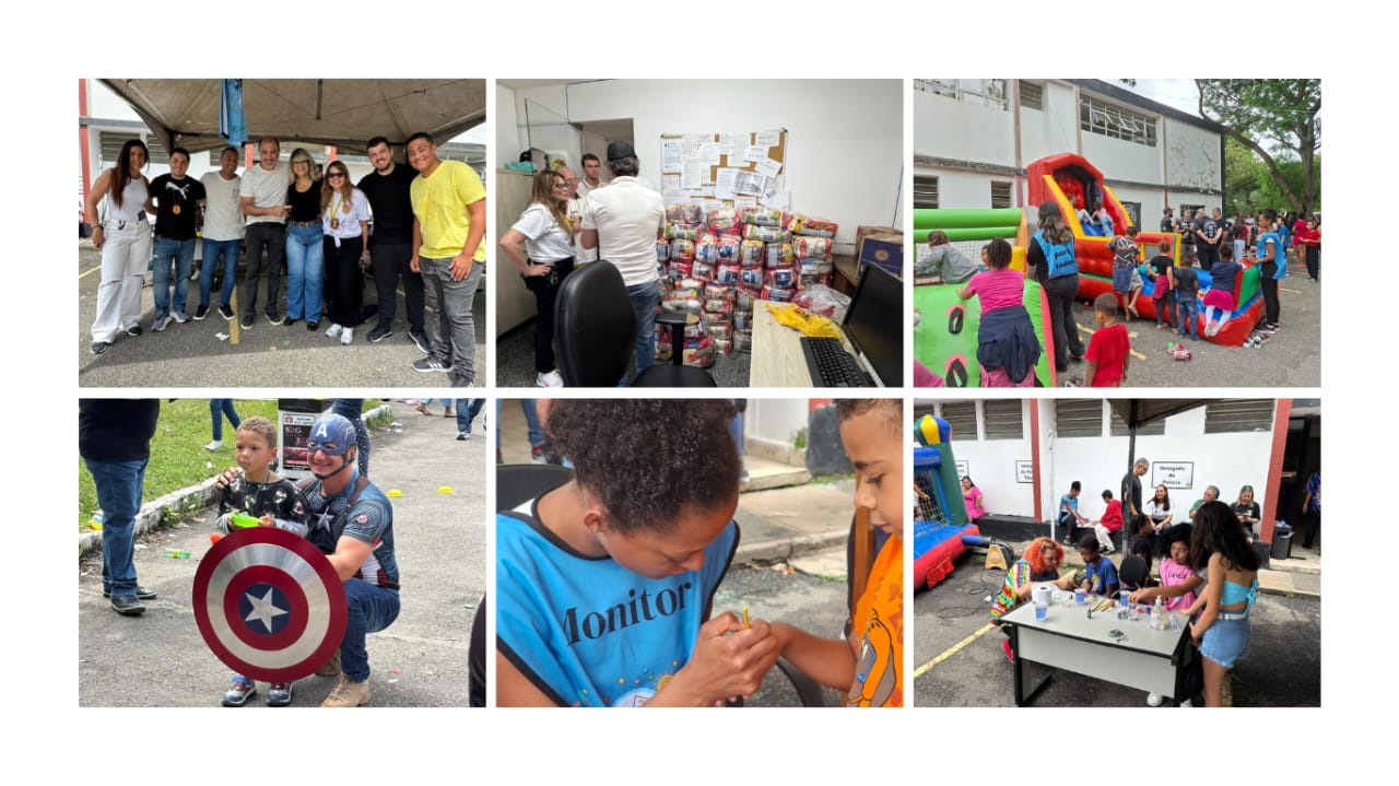 Esta é uma colagem de quatro fotos que documentam um evento comunitário, provavelmente uma festa ou dia de lazer, promovido pela Prefeitura de São Paulo, cujo brasão está centralizado na imagem.  Canto Superior Esquerdo: Uma cena animada com um brinquedo inflável grande e vermelho em forma de castelo ou escorregador, onde várias crianças estão subindo e descendo. O piso é de cimento/asfalto e há um gramado e um prédio ao fundo.  Canto Superior Direito: Um grupo de crianças e adultos está reunido em torno de uma mesa escolar, participando de uma atividade, possivelmente uma oficina de artes ou ciência. Há pequenos recipientes de plástico e materiais na mesa. Uma jovem de top azul claro e short jeans está no centro, observando.  Canto Inferior Esquerdo: Um homem fantasiado de Capitão América (com o icônico escudo circular e uniforme) está ajoelhado, interagindo com um menino loiro que segura uma arma de brinquedo. O adulto está sorrindo. Estão em uma área externa, com terra e grama, e pessoas ao redor.  Canto Inferior Direito: Uma mulher usando uma camiseta azul com a palavra "Monitor" escrita em amarelo está ajoelhada, focada em pintar a mão ou o braço de um menino de cabelo cacheado. O menino está vestido com uma camiseta laranja e os dois parecem engajados na atividade de pintura facial/corporal.  A atmosfera geral é de alegria, interação e diversão ao ar livre, com foco nas atividades para crianças.