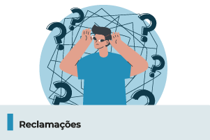 A imagem possui uma ilustração de um homem com uma camiseta azul e pontos de interrogação ao redor. Abaixo, uma faixa com o texto 