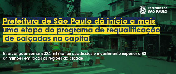 Card informativo com um filtro de cor verde sobreposto a uma fotografia de fundo. No canto superior direito, está o logotipo da Prefeitura de São Paulo. No centro, o título em letras amarelas sobre faixas pretas diz: 