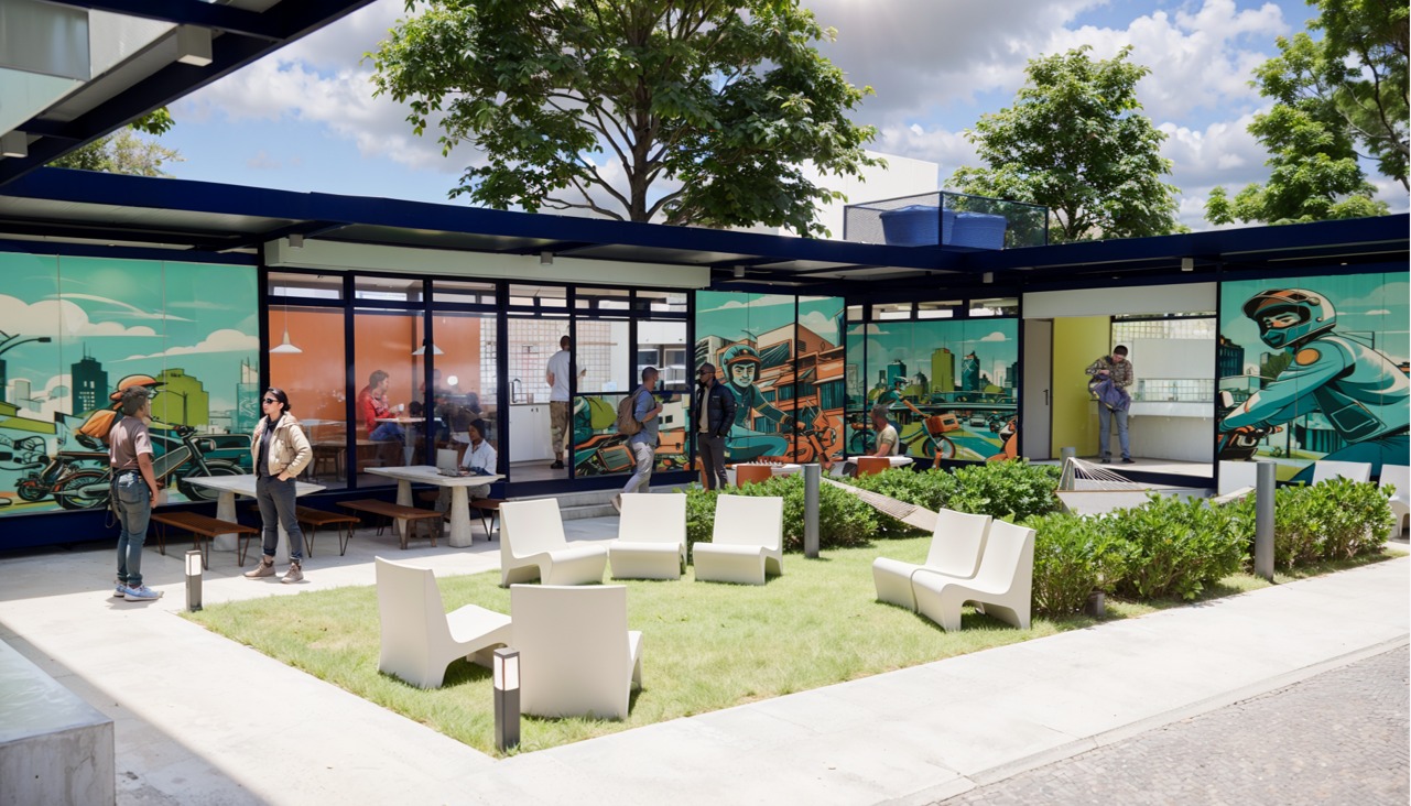 Fotografia de um pátio externo moderno e iluminado pelo sol, parte de um complexo de edifícios com estilo modular. O pátio central tem uma área quadrada de gramado sintético ou natural, cercada por um deck de concreto. Quatro cadeiras brancas de design moderno estão dispostas ao redor da grama, com pequenas luminárias quadradas no chão.  O pátio é ladeado por estruturas modulares de cor azul-escura. As paredes dessas estruturas são painéis ou janelas decoradas com grandes murais de arte urbana e quadrinhos em cores vibrantes (tons de azul, amarelo, laranja e verde-água), ilustrando temas de mobilidade urbana, como motocicletas e paisagens de cidade.  Algumas pessoas estão em pé ou sentadas dentro e fora das áreas modulares. À esquerda, uma área de convivência com uma mesa e bancos de madeira é visível através de uma janela. Ao fundo, árvores grandes e folhagens adicionam elementos naturais ao redor da estrutura. O céu é azul com nuvens brancas, indicando um dia claro.