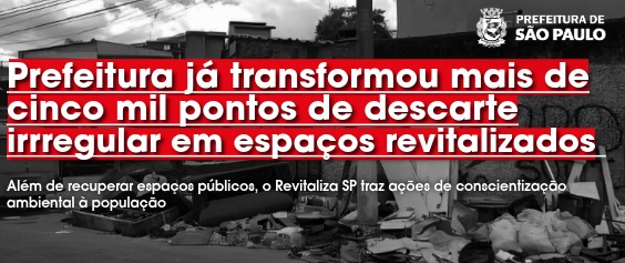 A foto é um banner da Prefeitura de São Paulo em preto e branco. O texto principal, em letras brancas sobre uma tarja vermelha, é: 